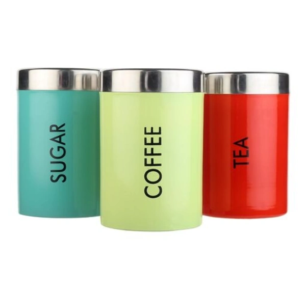 3 Pcs  Multicolor Airtight Stainless Steel Tea Coffee Sugar Canister Set 600ml  - 600ml,  Multicolor, Stainless Steel, Airtight, Set of 3